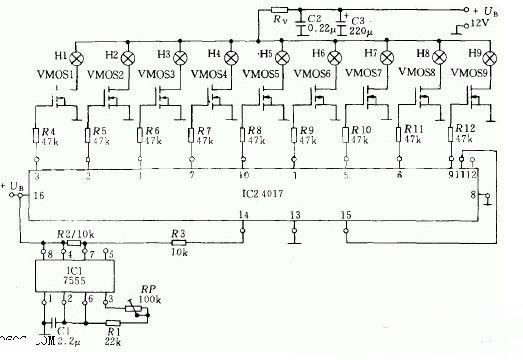 場效應(yīng)管驅(qū)動(dòng)的定時(shí)閃光電路圖